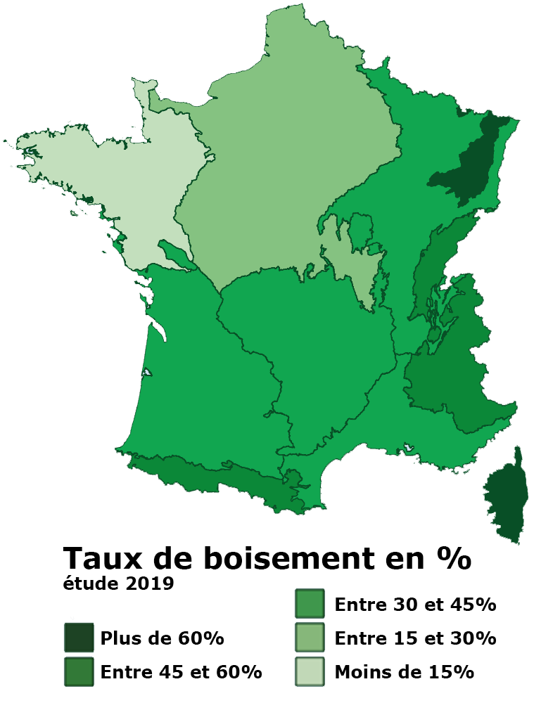 Carte de France indiquant le taux de reboisement par grande région écologique en 2017